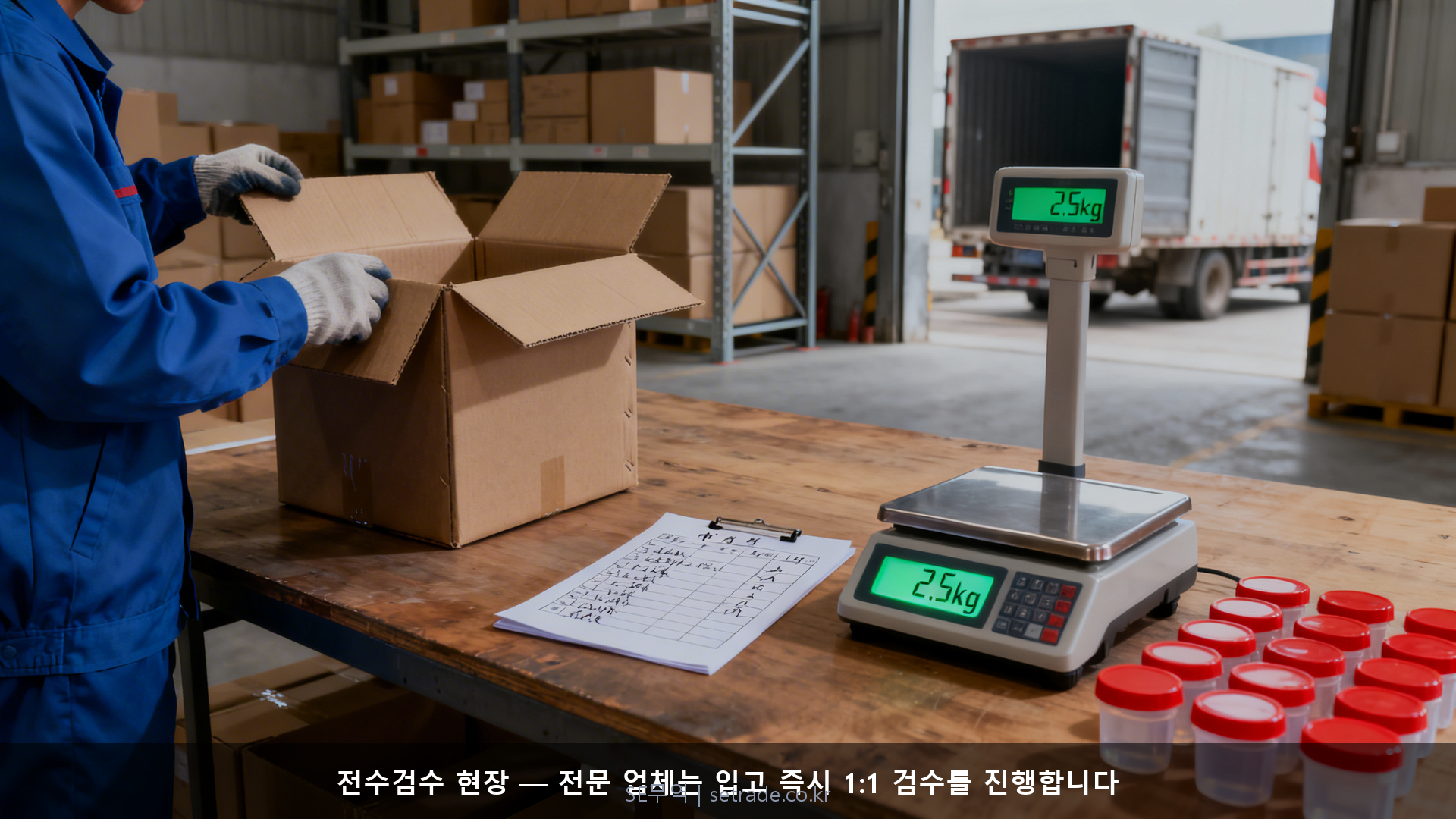 전수검수 현장 — 전문 업체는 입고 즉시 1:1 검수를 진행합니다