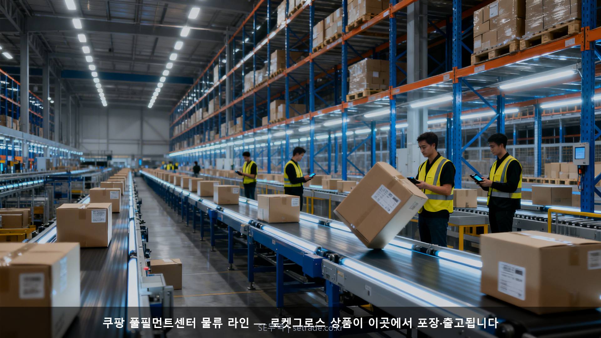 쿠팡 풀필먼트센터 물류 라인 — 로켓그로스 상품이 이곳에서 포장·출고됩니다