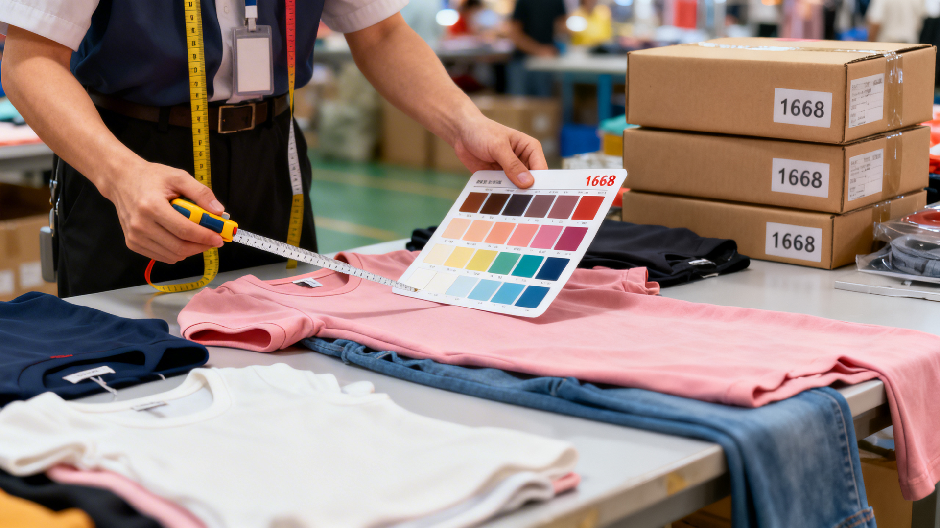 검품원이 줄자와 색상표로 의류 상품의 사이즈·색상을 대조 확인하는 모습